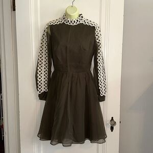 Vintage 60s Jack Bryan green/brown high neck fit & flare dress with white lace
